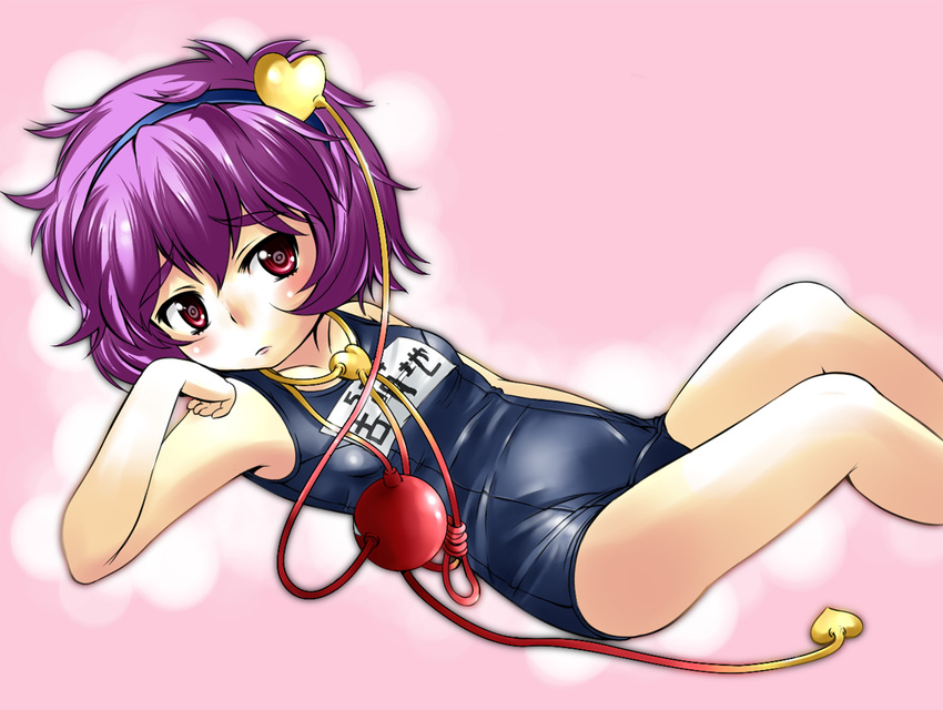 eyes hairband heart komeiji_satori mepikari one-piece_swimsuit purple_hair red_eyes school_swimsuit short_hair solo swimsuit touhou