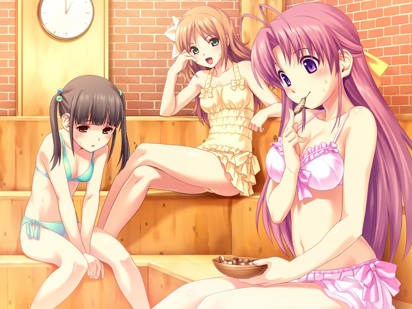 aoi_matsuri bikini bow brown_eyes brown_hair casual_one-piece_swimsuit clock dressing eating frilled_bikini frills game_cg green_bikini green_eyes hair_bobbles hair_bow hair_ornament hair_ribbon half_updo hand_on_own_cheek highres koutaro long_hair minazuki_izumi multicolored_hair_bobbles multiple_girls one-piece_swimsuit pink_bikini pink_hair ribbon sauna side-tie_bikini sitting suzukaze_hotaru sweat swimsuit tropical_kiss yellow_swimsuit