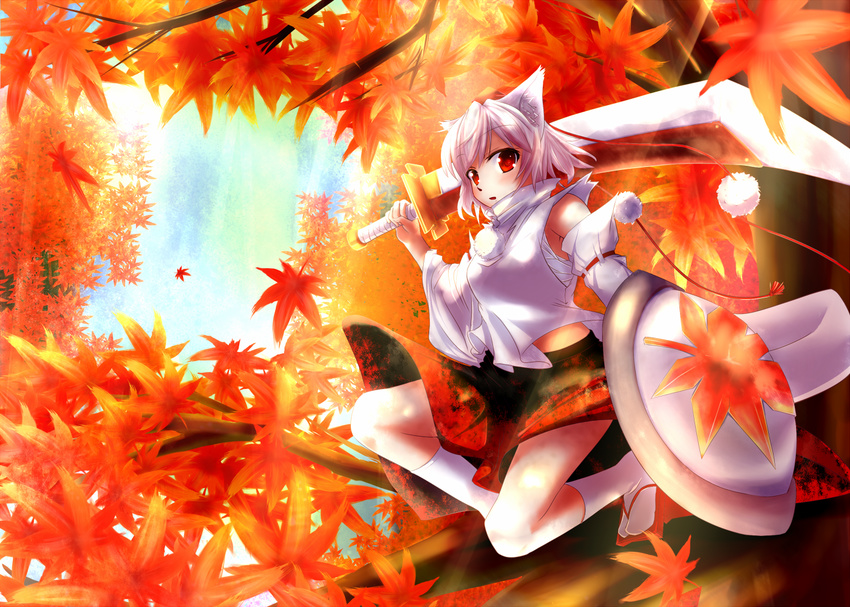 animal_ears detached_sleeves geta hat inubashiri_momiji leaf maple_leaf mugen_soukyuu red_eyes shield short_hair silver_hair solo sword tengu-geta tokin_hat touhou weapon wolf_ears