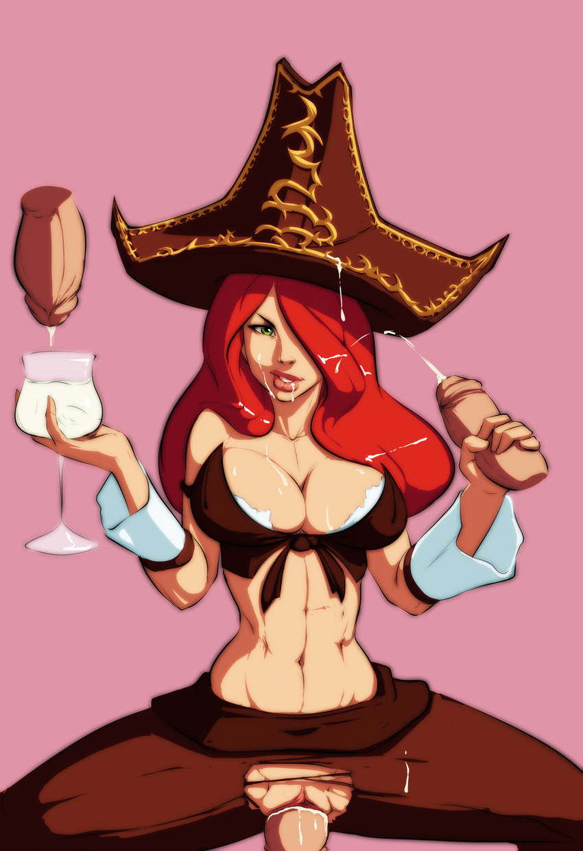 breasts cum cum_in_cup cum_on_body cum_on_breasts cum_on_hair cum_on_upper_body cup disembodied_penis drinking_glass ejaculation facial front-tie_top gokkun green_eyes hair_over_one_eye hat highres league_of_legends lips long_hair midriff multiple_penises navel nose pantyhose penis pirate_hat pussy red_hair sarah_fortune sex solo sven_(svenners) torn_clothes torn_legwear tricorne vaginal wine_glass