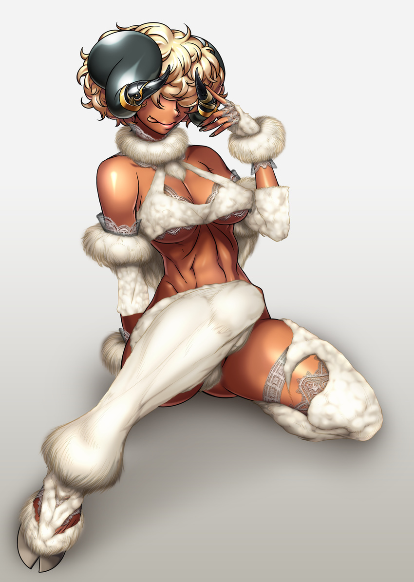 2015 :p abs animal_ears aozoraichi breasts cleavage highres hooves horns medium_breasts monster_girl new_year original sheep sheep_girl sheep_horns short_hair solo tan tongue tongue_out white_hair