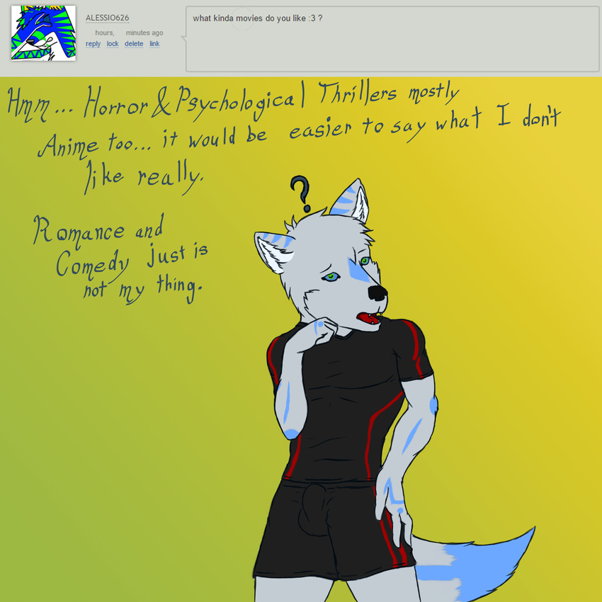 2015 answer anthro bulge canine clothed clothing english_text facepalm howlfei howlfeiwolf male mammal open_mouth q&amp;a question shorts solo text tongue wolf