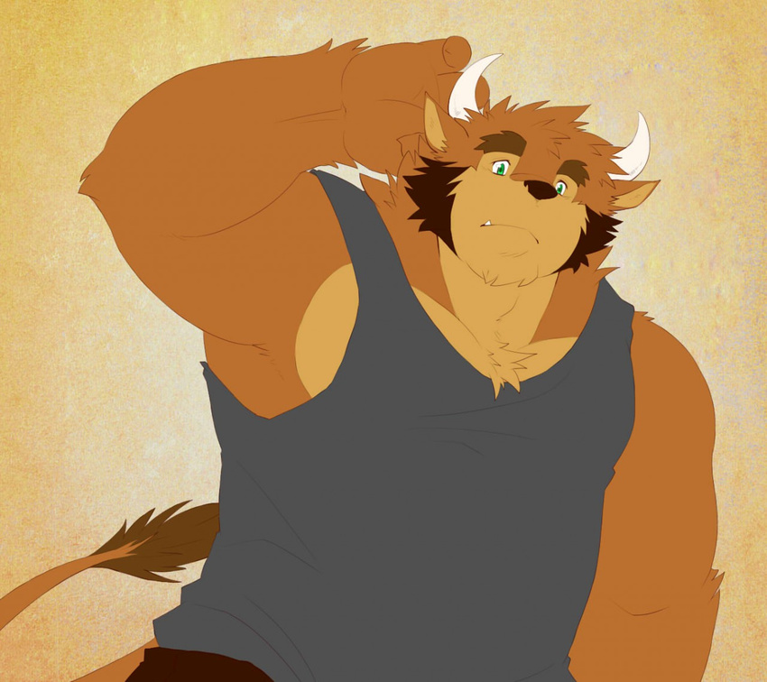 armpits bear beard biceps bovine bullbear cattle clothing cute facial_hair green_eyes horn hunk hybrid invalid_tag mammal manly musclechub musclegut muscles rikitsu shirt stocky tank_top