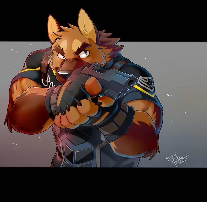 action_pose biceps big_muscles canine claws clothing dog fingerless_gloves german_shepherd gloves gun handgun headset mammal muscles officer_benson pistol police ranged_weapon takemoto_arashi uniform weapon