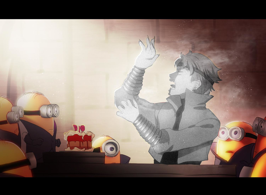 blonde_hair cake character_name crossover despicable_me dio_brando fangs fingernails food goggles jojo_no_kimyou_na_bouken letterboxed light long_fingernails minion_(despicable_me) minions_(movie) parody petrification rin2010 stardust_crusaders