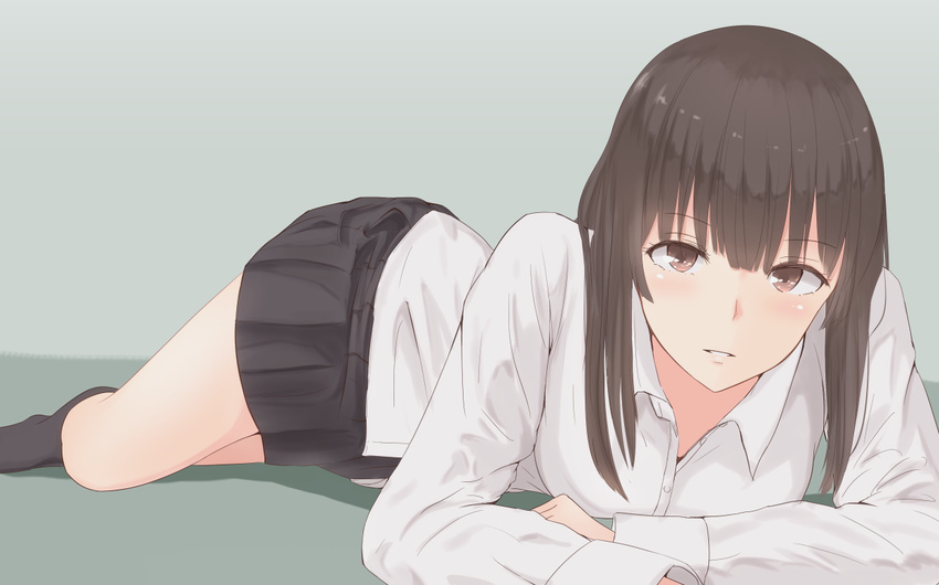 bad_id bad_pixiv_id bangs banned_artist black_legwear black_skirt blunt_bangs brown_eyes brown_hair collared_shirt dress_shirt eyebrows_visible_through_hair long_hair long_sleeves looking_at_viewer lying minagiku on_stomach original parted_lips pleated_skirt school_uniform shirt skirt solo untucked_shirt white_shirt