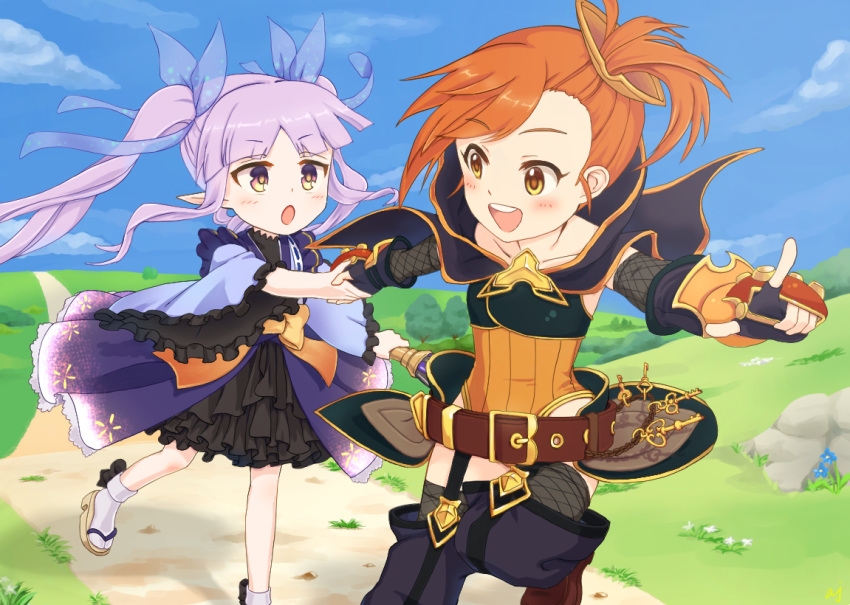 2girls belt blush capelet hair_ornament hair_ribbon hand_holding hikawa_kyoka hodaka_misogi key looking_at_another multiple_girls open_mouth orange_eyes orange_hair pointing pointy_hair princess_connect! princess_connect!_re:dive ribbon road sky slippers sylvaniaf twintails