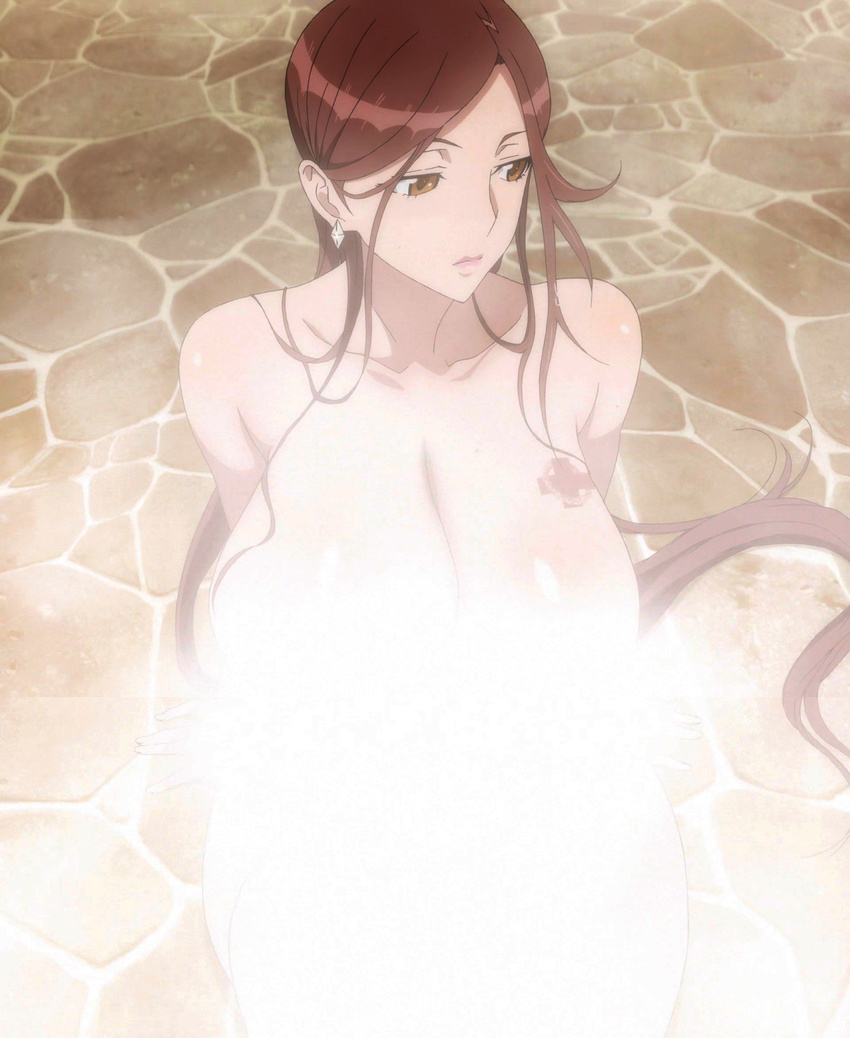 1girl bathroom breasts brown_hair censored female gold_eyes highres huge_breasts ig_port long_hair mature no_bra no_underwear nude sagiri_yuuko screen_capture screencap sitting sitting_on_floor solo triage_x very_long_hair wet_hair xebec yellow_eyes