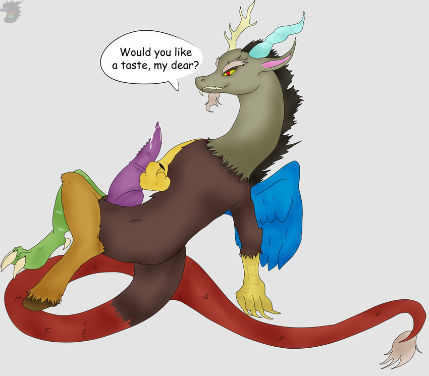 anthro big_penis cum discord_(mlp) draconequus english_text erection friendship_is_magic male my_little_pony penis plain_background red_eyes solo text wings zerogiratina