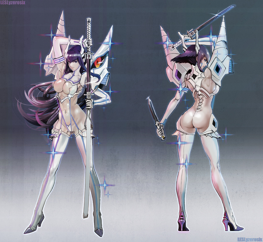 absurdres alternate_hair_length alternate_hairstyle areola_slip areolae arm_up armpits artist_name ass back bad_id bad_pixiv_id black_eyes black_hair boots breasts cameltoe cleavage covered_nipples dual_wielding elbow_gloves full_body gloves groin headgear high_heels highres holding holding_sword holding_weapon junketsu katana kill_la_kill kiryuuin_satsuki kodachi large_breasts leslyzerosix long_hair looking_at_viewer looking_back multiple_views navel_piercing partially_visible_vulva piercing revealing_clothes sheath short_hair short_sword sideboob sparkle sword thigh_boots thighhighs turtleneck unsheathing wakizashi weapon white_footwear white_legwear