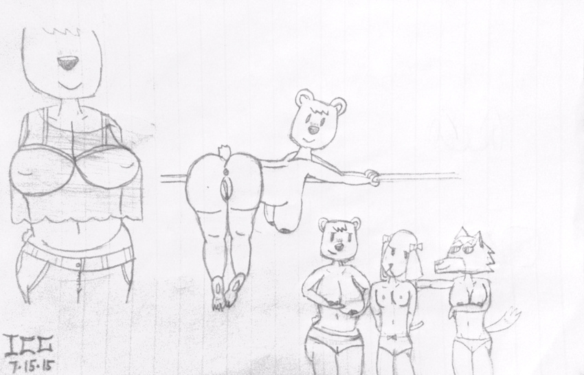 animal_crossing anthro anus bear bent_over big_breasts breasts butt canine clothed clothing comparing daisy_(animal_crossing) dog embarrassed feet female flat_chested freya_(animal_crossing) icg inverted_nipples looking_at_viewer mammal monochrome nintendo nipples panties polar_bear pussy smile tutu_(animal_crossing) underwear video_games wolf