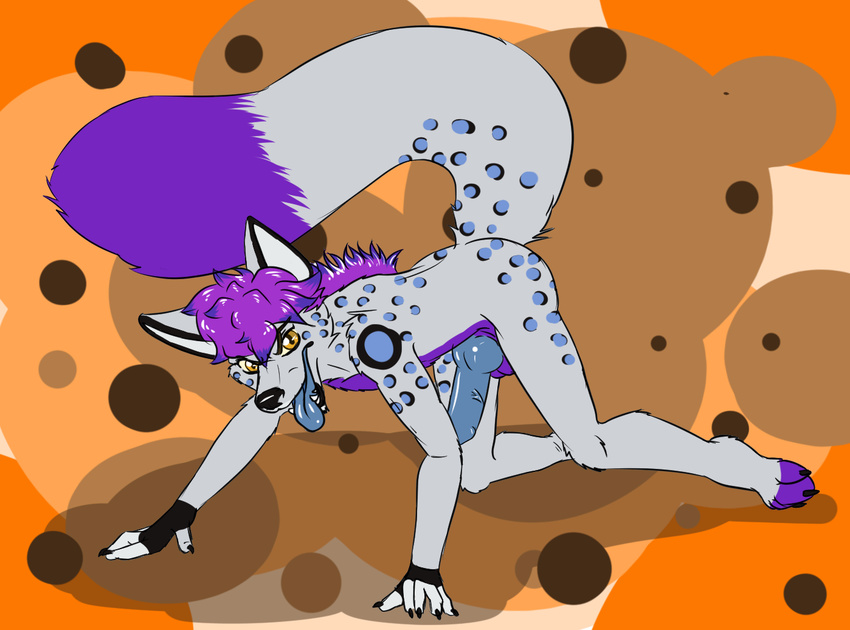 abstract_background balls canine fangs fox frozen_over genetalia hybrid hyena invalid_tag knees knot male mammal mane paws penis pose quinn raised_tail simple_background solo spots spotted_hyena tongue