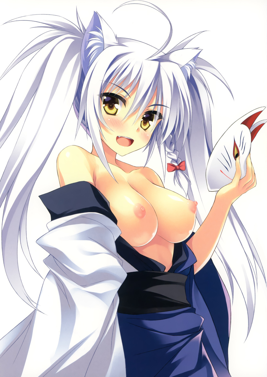 animal_humanoid big_breasts breasts canine clothed clothing dog_days erect_nipples eyeshadow female fox fox_humanoid hair happy humanoid leonmitchelli_galette_des_rois long_hair looking_at_viewer makeup mammal mask nipples open_mouth pointy_nipples ponytail shy smile solo tateha tongue white_hair yellow_eyes