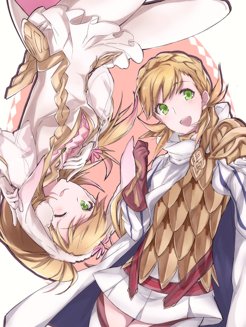 2girls ;q aiueo1234853 animal_ears armor blonde_hair braid brown_gloves bunny_ears crown_braid dual_persona fake_animal_ears fire_emblem fire_emblem_heroes gloves green_eyes highres long_hair long_sleeves multiple_girls nintendo one_eye_closed open_mouth sharena skirt tongue tongue_out upside-down white_gloves white_legwear