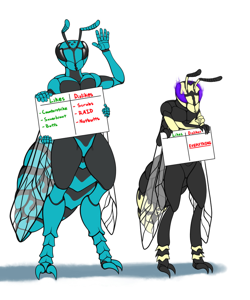 actini ambiguous_gender antennae arthropod duo_focus english_text group insect mandibles multi_limb purple_eyes ratte riocynn sign size_difference text wasp wings