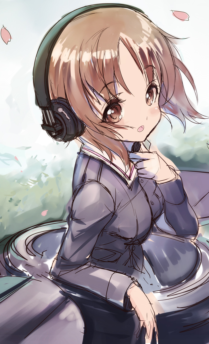 brown_hair commentary girls_und_panzer hamoto headphones highres looking_at_viewer military military_uniform nishizumi_miho ooarai_military_uniform petals school_uniform short_hair sketch solo throat_microphone uniform