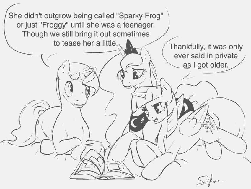 2015 black_and_white book dialogue english_text equine female feral friendship_is_magic group horn male mammal monochrome my_little_pony night_light_(mlp) princess_luna_(mlp) silfoe text twilight_sparkle_(mlp) unicorn winged_unicorn wings