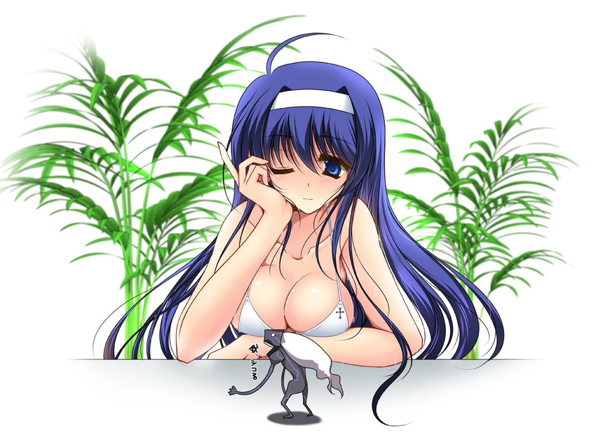 ahoge bikini blue_eyes blue_hair breasts chin_rest danshaku hairband huge_ahoge large_breasts long_hair merkava_(under_night_in-birth) one_eye_closed orie_(under_night_in-birth) solo swimsuit translated under_night_in-birth very_long_hair white_bikini white_swimsuit