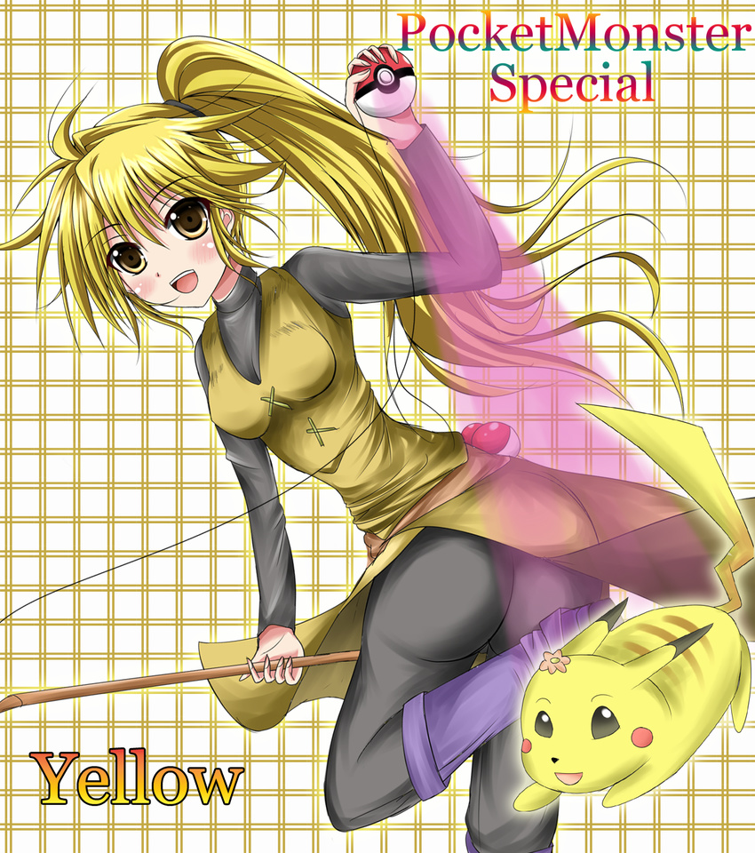 1girl ass blonde_hair blush boots breasts brown_eyes character_name china_dress chinese_clothes chuchu_(pokemon) dress duel_angel fishing_rod long_hair looking_at_viewer nintendo open_mouth pants pikachu poke_ball pokemon pokemon_(game) pokemon_rgby pokemon_special ponytail smile yellow_(pokemon)