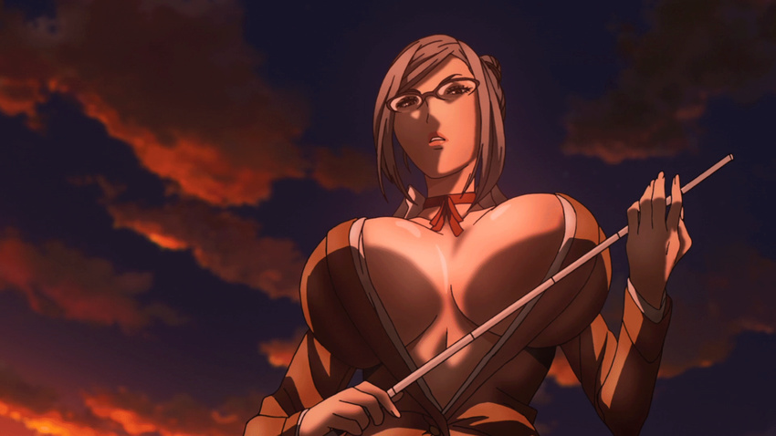 1girl animated animated_gif black_legwear breasts brown_eyes cleavage female gif glasses grey_hair highres kangoku_gakuen large_breasts lipstick long_hair makeup no_bra prison_school school_uniform screencap shiraki_meiko silver_hair solo uniform