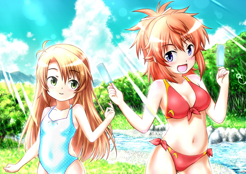 bikini blue_eyes brown_hair food green_eyes highres koshigaya_komari koshigaya_natsumi kurimuzon long_hair multiple_girls non_non_biyori one-piece_swimsuit popsicle red_hair short_hair siblings sisters swimsuit