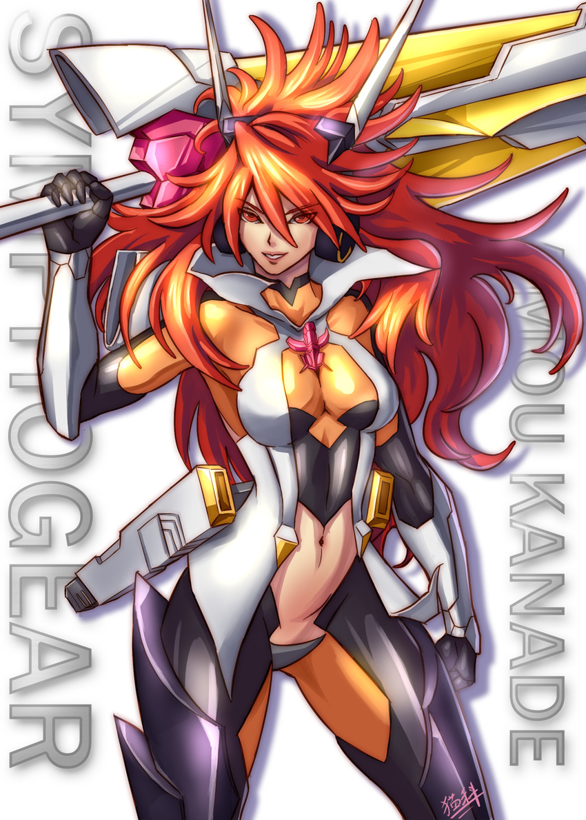 amou_kanade bodysuit breasts character_name cleavage copyright_name hair_ornament headgear headphones highres large_breasts long_hair midriff navel orange_eyes orange_hair polearm senki_zesshou_symphogear solo very_long_hair weapon zhen_long