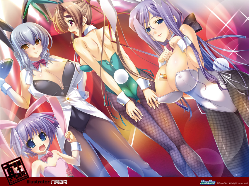 animal_ears artist_name ass bachou back between_breasts blue_eyes blush bow bowtie breast_suppress breasts brown_hair bunny_ears bunny_girl bunny_tail bunnysuit child cleavage copyright_name covered_nipples dutch_angle embarrassed fishnet_pantyhose fishnets flat_chest gengan grey_hair highres huge_breasts koihime_musou kouchuu large_breasts long_hair looking_back mature mother_and_daughter multiple_girls official_art open_mouth pantyhose ponytail purple_hair red_eyes riri short_hair smile tail tray very_long_hair wallpaper watermark wrist_cuffs yatsuha_kanan yellow_eyes