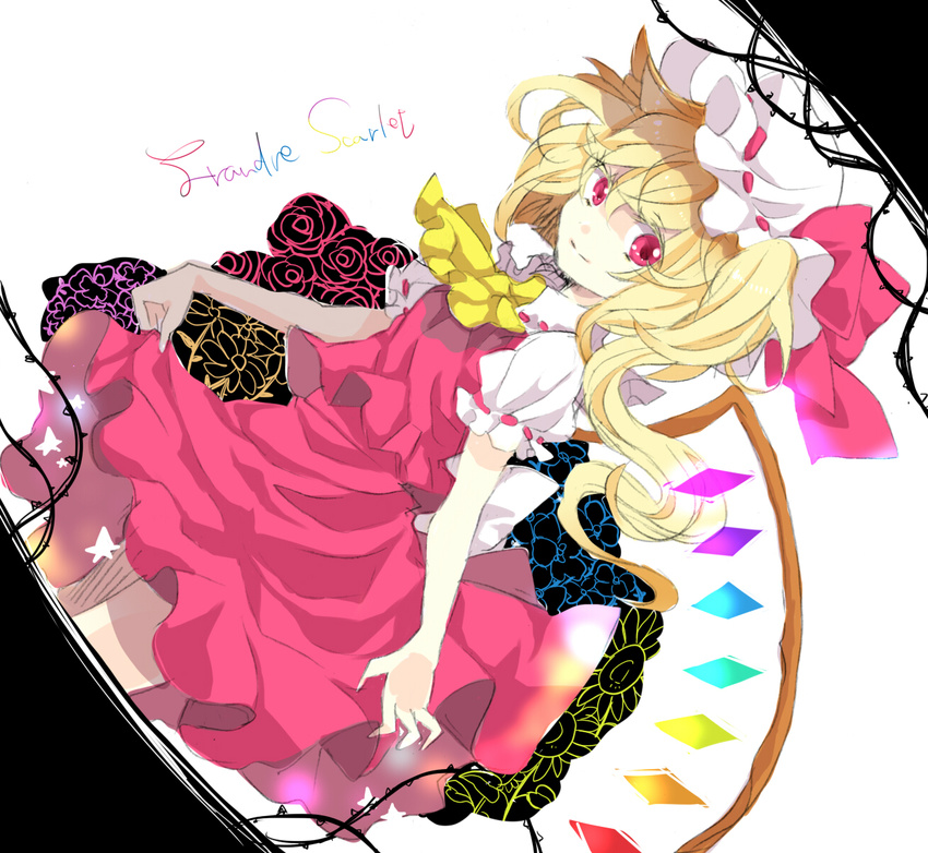 blonde_hair flandre_scarlet hat highres legomaru one_side_up ponytail red_eyes short_hair solo touhou wings