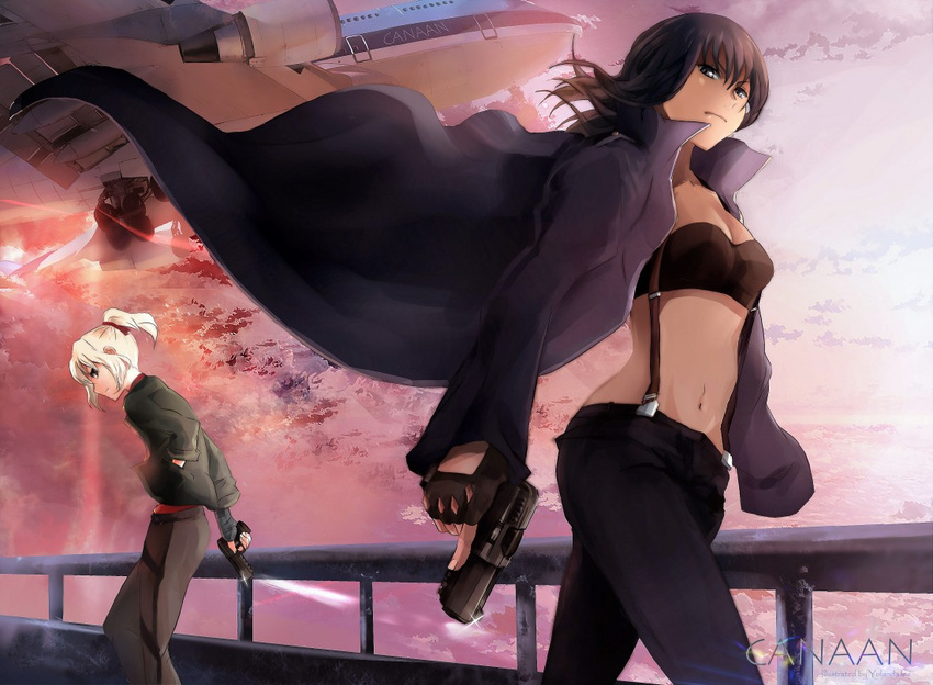 428 aircraft airplane alphard amputee black_hair canaan canaan_(character) fingerless_gloves gloves gun handgun kio_sayuki midriff multiple_girls ponytail spoilers suspenders weapon white_hair wind