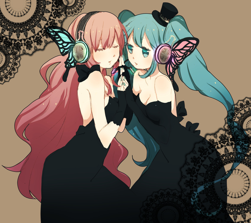 absurdres aqua_eyes aqua_hair aqua_nails bad_id bad_pixiv_id bare_shoulders black_dress butterfly_hair_ornament butterfly_wings dress fingerless_gloves gloves hair_ornament hatsune_miku headphones highres long_hair magnet_(vocaloid) megurine_luka multiple_girls nail_polish pink_hair symmetrical_hand_pose vocaloid wamochi wings yuri