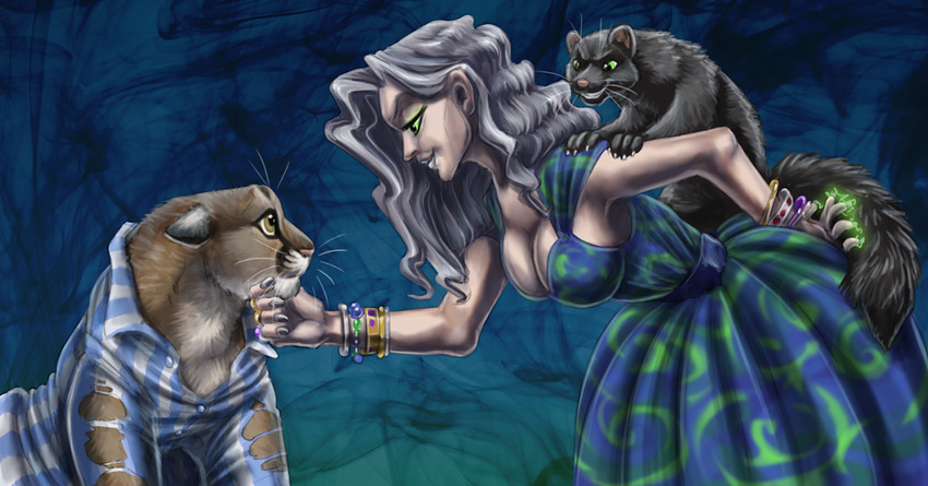 2015 ambiguous_gender black_fur cat clothing cougar dress feline female feral fur green_eyes grey_hair hair human magic_user mammal off_the_leash sabretoothed_ermine transformation