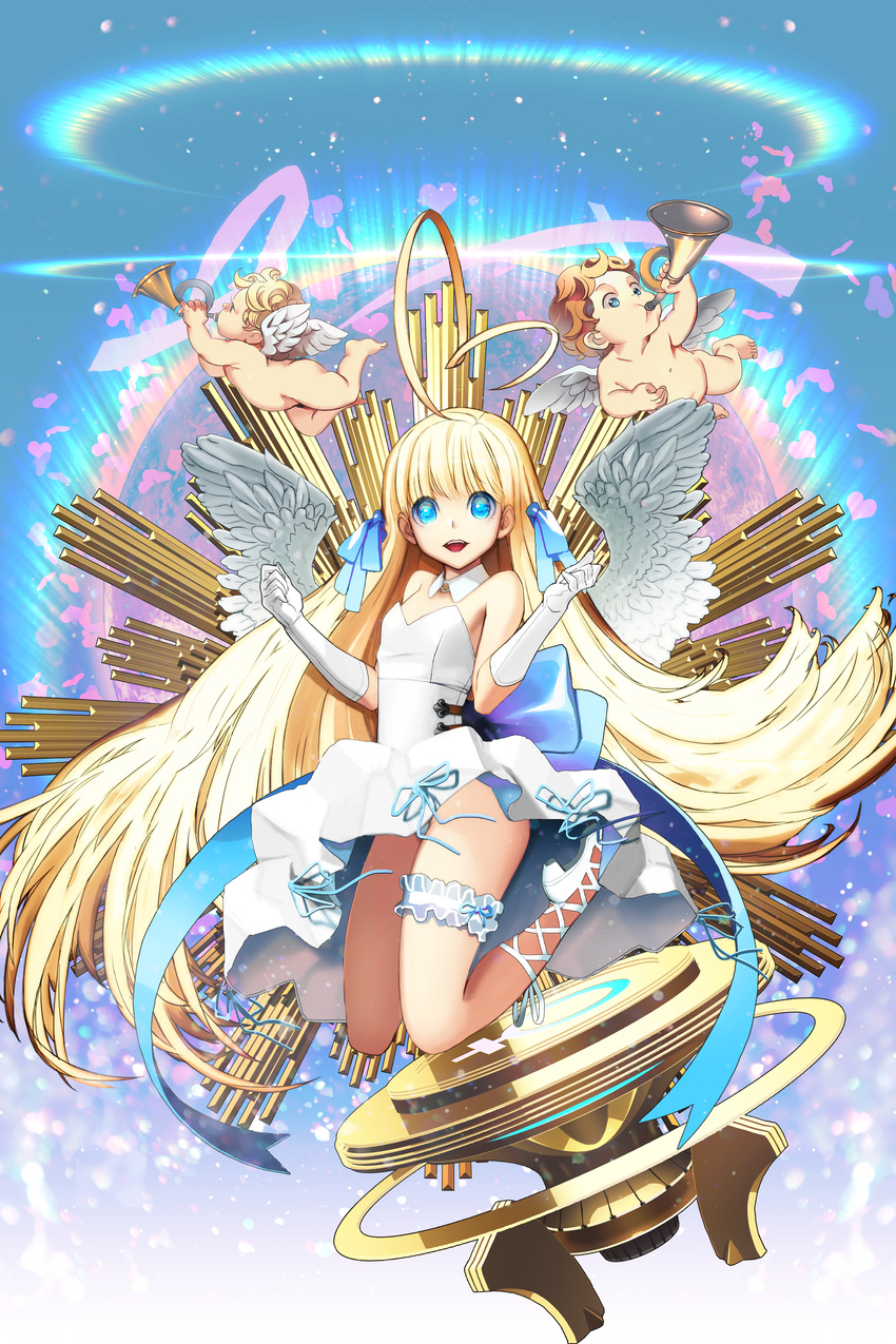 absurdres ahoge blue_eyes bow cross-laced_footwear detached_collar dress hair_bow heart highres instrument jumping kdog leg_garter long_hair looking_at_viewer official_art open_mouth panties pantyshot qurare_magic_library ribbon underwear very_long_hair white_dress wings