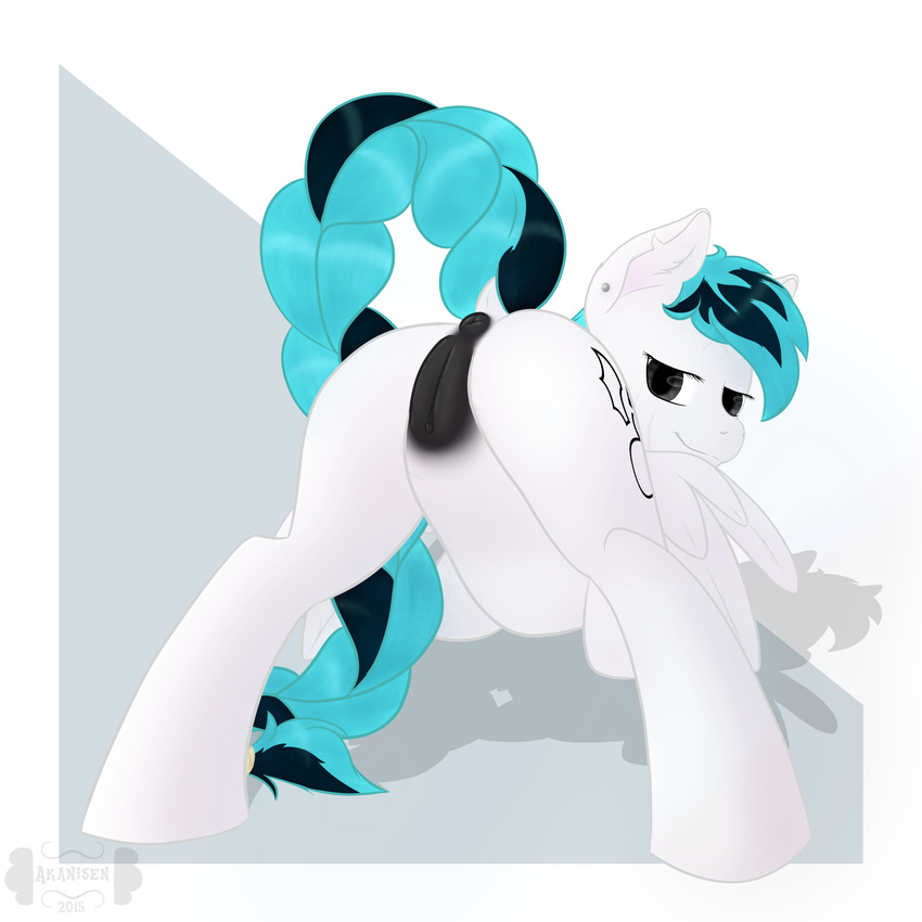 2015 akanisen anus black_hair blue_hair braided_hair butt clitoris cutie_mark ear_piercing equine eyelashes fan_character feathered_wings feathers female flair_(akanisen) friendship_is_magic fully_shaded fur grey_eyes hair hi_res horse long_hair looking_at_viewer mammal my_little_pony nude pegasus piercing pony presenting pussy scar simple_background smile solo white_fur wings