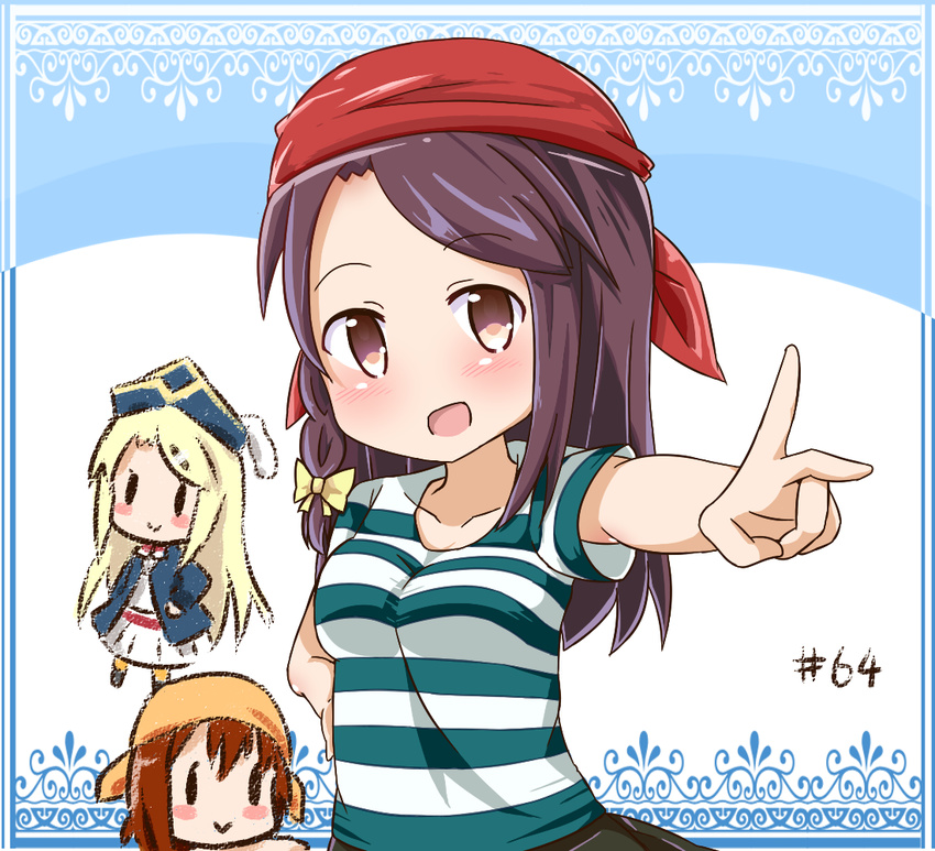 :&gt; bandana blonde_hair blush blush_stickers bow braid brown_eyes brown_hair chibi hair_bow hana_kazari hand_on_hip hat higurashi_kana kin-iro_mosaic kujou_karen lace_border matsubara_honoka multiple_girls open_mouth pirate_costume pirate_hat shirt striped striped_shirt t-shirt v