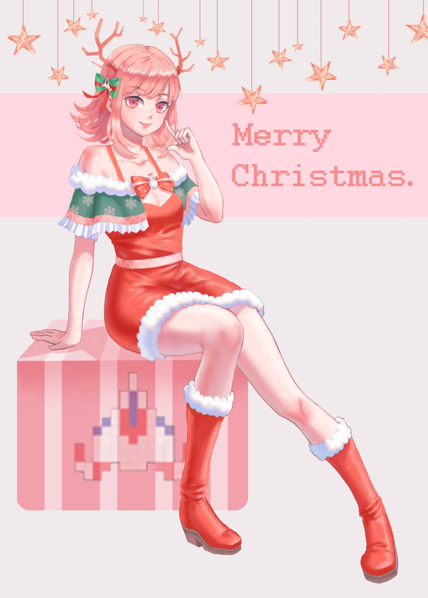 1girl absurdres antlers bare_shoulders boots box breasts christmas christmas_dress cleavage collarbone commentary_request danganronpa danganronpa_3 dress eyebrows_visible_through_hair hair_ornament hair_ribbon highres looking_at_viewer medium_breasts merry_christmas mopsial nanami_chiaki open_eyes open_mouth pink pink_background pink_eyes pink_hair pointing pointing_at_self red_dress red_footwear red_ribbon reindeer_antlers ribbon rocket_ship sitting snowman solo space_craft star super_danganronpa_2