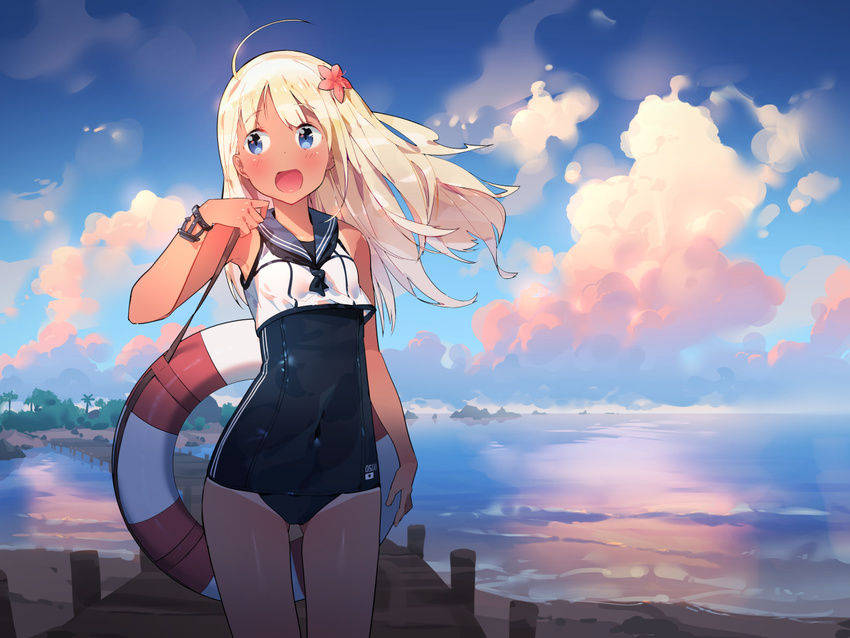 :d ahoge anchor beach blonde_hair blue_eyes blush bracelet cloud cloudy_sky commentary_request covered_navel cowboy_shot crop_top ddal dock floating_hair flower hair_flower hair_ornament jewelry kantai_collection lifebuoy long_hair one-piece_swimsuit open_mouth outdoors ro-500_(kantai_collection) sailor_collar school_swimsuit school_uniform serafuku sky sleeveless smile solo swimsuit swimsuit_under_clothes tan tanline torpedo water