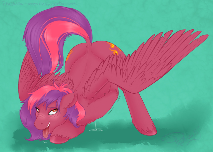 blush butt cutie_mark equine fan_character feathered_wings feathers female feral mammal my_little_pony pegasus phathusa presenting pussy_juice raised_tail saliva simple_background tongue tongue_out wings