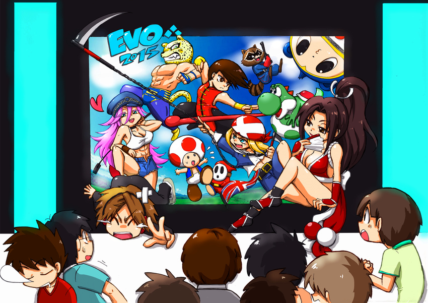 6+boys androgynous axl_low bandaid bare_shoulders black_hair breasts brown_hair cleavage costume crossover egg evolution_championship_series fan fighting_stance folding_fan guilty_gear guilty_gear_xrd hanamura_yousuke head heart highres holding holding_weapon kai_2100 king_(tekken) kuma_(persona_4) large_breasts long_hair looking_at_viewer marvel_vs._capcom marvel_vs._capcom_3 medium_breasts multiple_boys multiple_crossover multiple_girls muscle pants persona persona_4 pink_hair poison_(final_fight) polearm pose pout rocket_raccoon saddle saliva scythe shiranui_mai shirt short_sleeves shy_guy sleeping sleeveless street_fighter street_fighter_iv_(series) super_smash_bros. t-shirt tank_top tekken the_king_of_fighters thighs toad union_jack very_long_hair vest weapon wince wind yang_lee yoshi