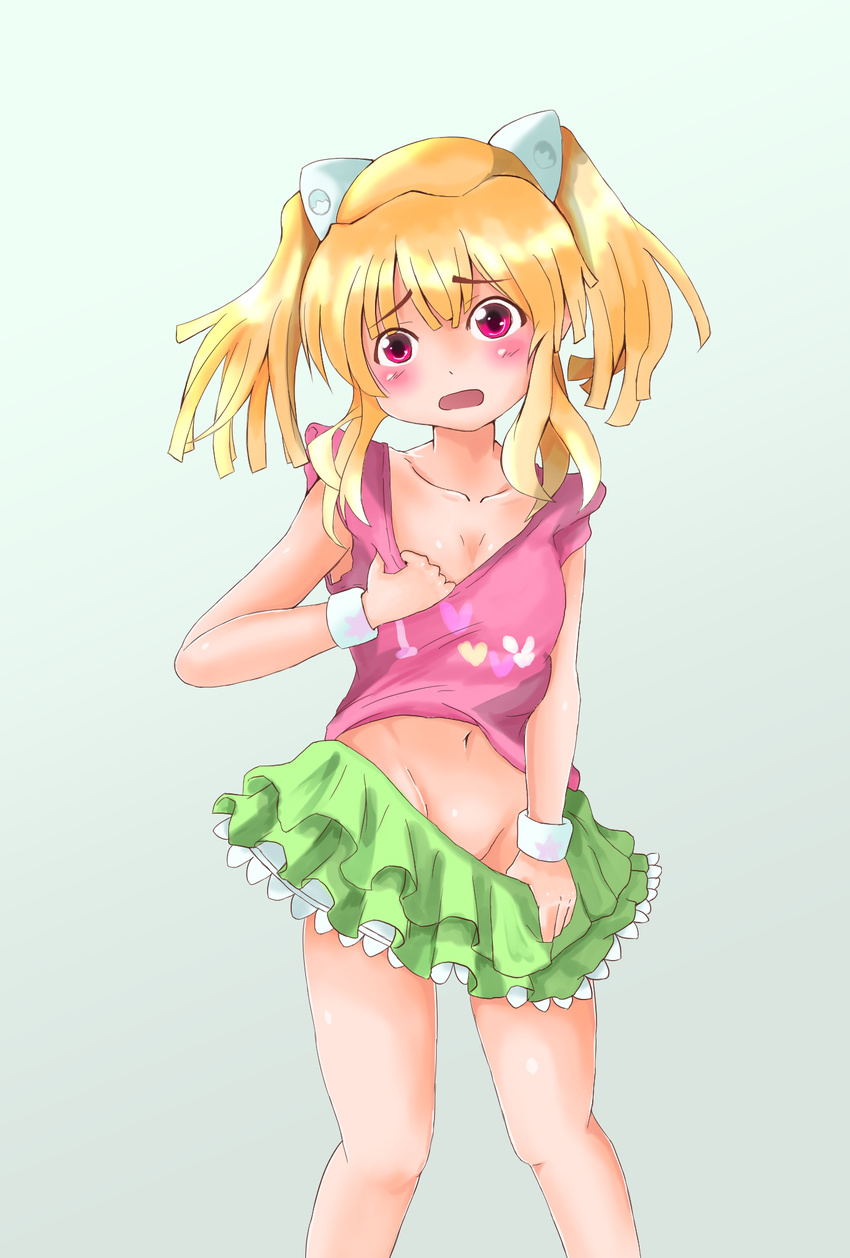 aquarion_(series) aquarion_logos blonde_hair blush breasts frills gradient gradient_background hair_ornament navel open_mouth pink_eyes short_hair skirt solo twintails uminagi_karan