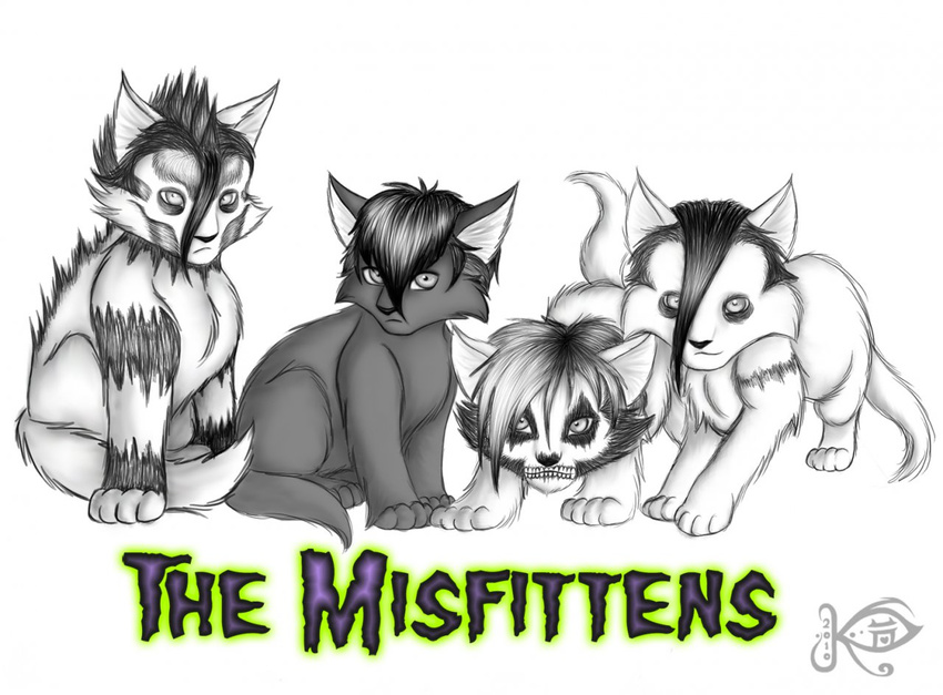 2010 band black_hair cat crouching cub devilock feline feral group hair kendra looking_at_viewer makeup male mammal monochrome parody quadruped sitting spiked_hair text the_misfits young