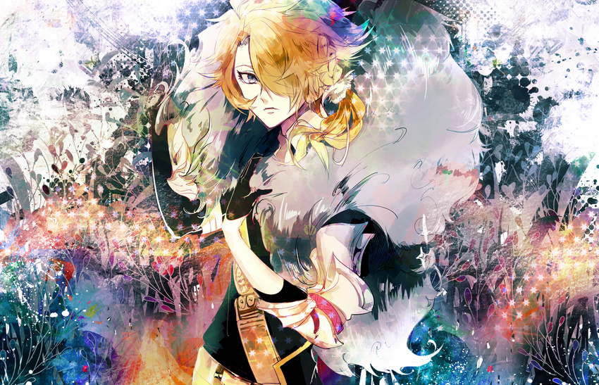 alyssa718 asymmetrical_gloves blonde_hair gloves hair_over_one_eye long_hair looking_at_viewer male_focus ponytail shishiou shishiou_no_mofumofu solo touken_ranbu