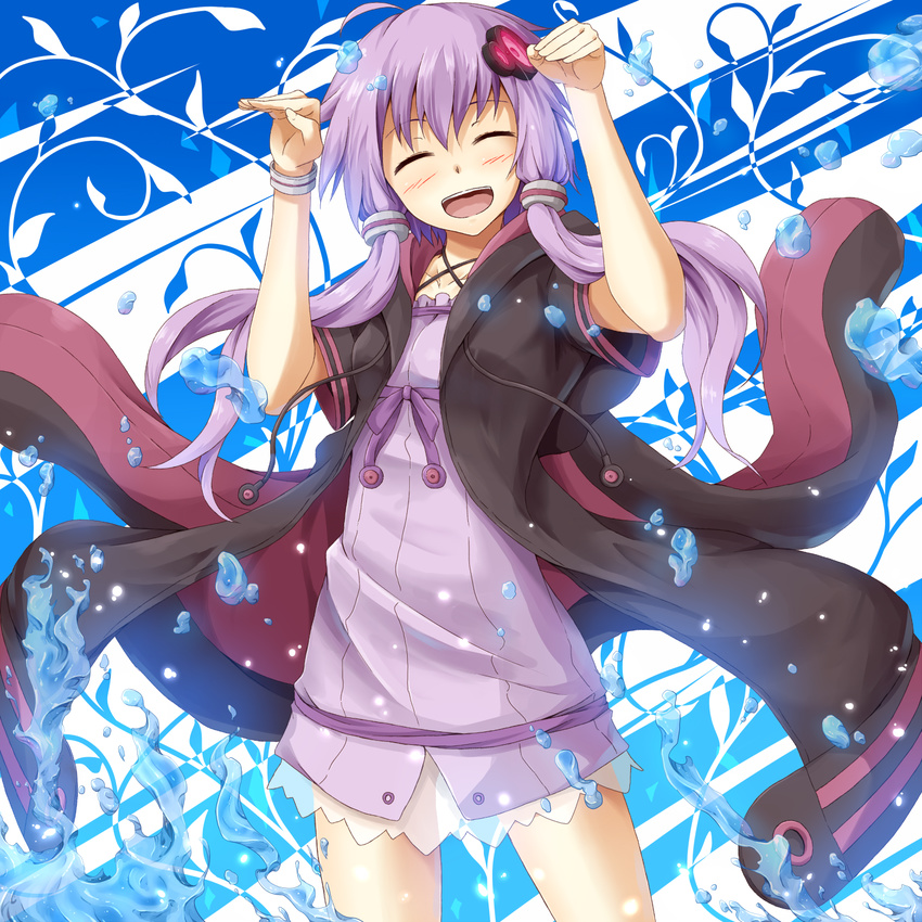 :d ^_^ animal_hood bracelet bunny_hood closed_eyes cowboy_shot dress facing_viewer flask_(pandora) hair_ornament highres hood hood_down hooded_jacket jacket jewelry long_hair open_mouth paw_pose purple_dress purple_hair short_hair_with_long_locks sidelocks smile solo thighhighs vocaloid voiceroid yuzuki_yukari