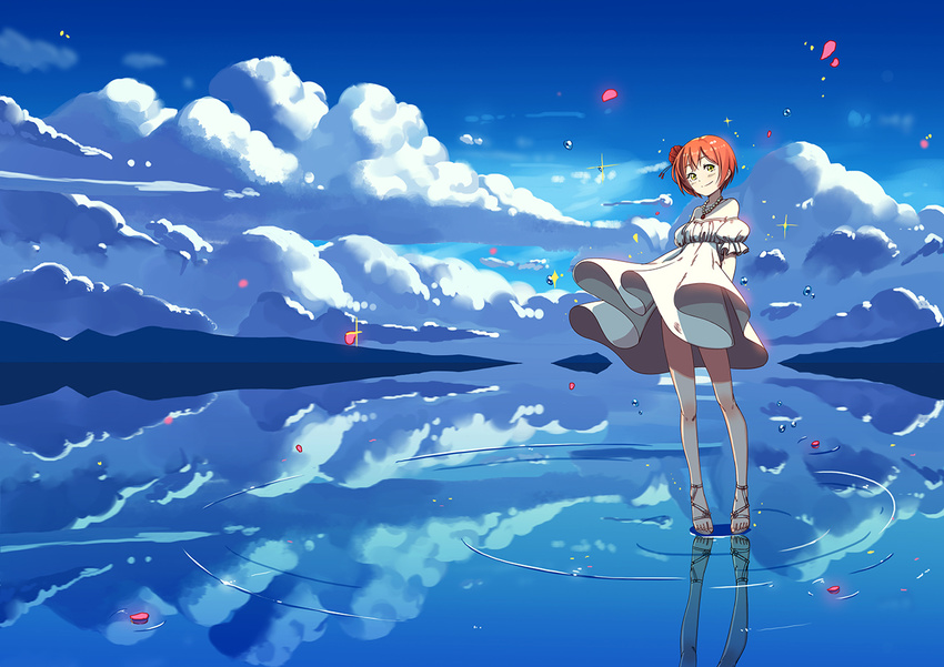 arms_behind_back cloud cross-laced_footwear day dress flower hair_flower hair_ornament hoshizora_rin jewelry love_live! love_live!_school_idol_project mountain necklace petals red_hair reflection salt_flats sandals short_hair sky solo standing standing_on_liquid water water_drop white_dress yellow_eyes zhanzheng_zi