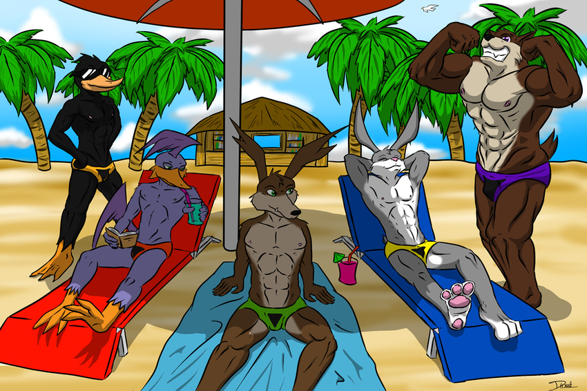 abs ace_bunny beach danger_duck flexing loonatics_unleashed looney_tunes male male/male muscles pecs rev_runner seaside tech_e_coyote warner_brothers