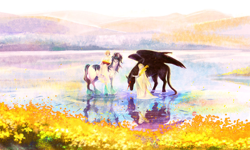 aohato blonde_hair dress field flower flower_field highres horse long_hair multiple_girls pegasus pixiv_fantasia pixiv_fantasia_4 pointy_ears riding scenery short_hair water white_dress