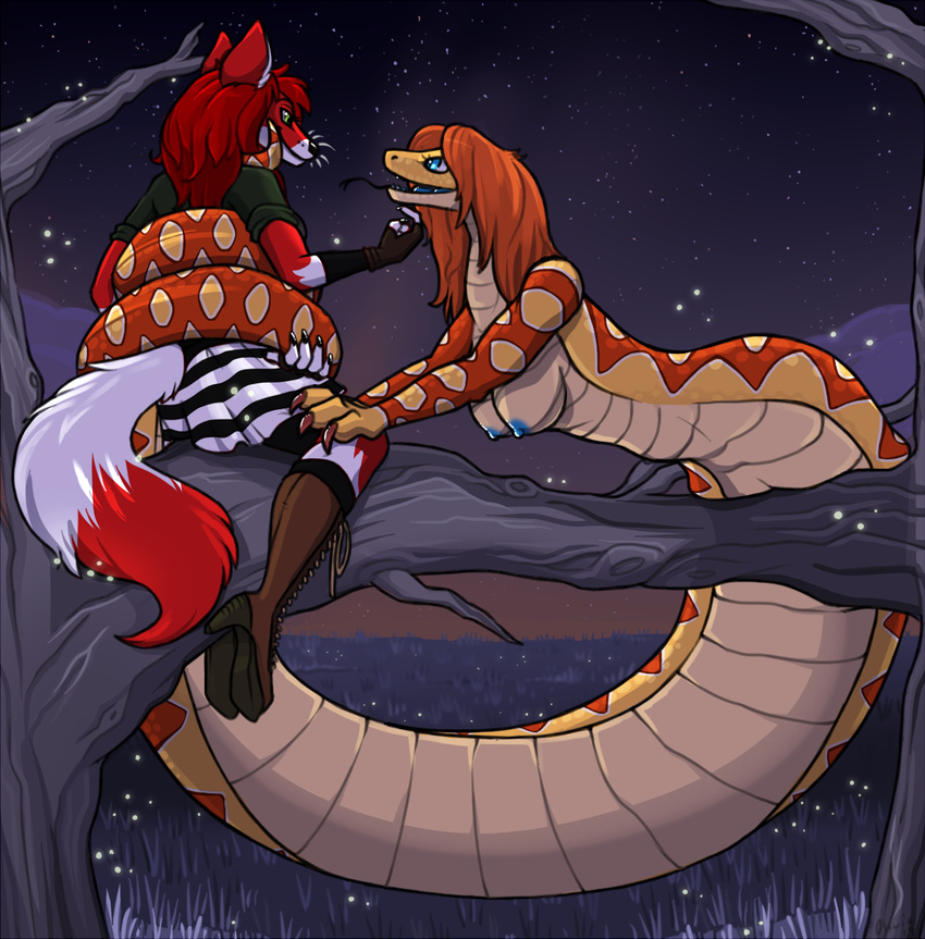 2014 anthro blue_eyes boots breasts canine clothed clothing duo female firefly footwear forked_tongue fox green_eyes hair liara_(microphone) mammal naga night nipples nude red_hair reptile royalty_(artist) scalie skirt smile snake teeth tongue tree whiskers