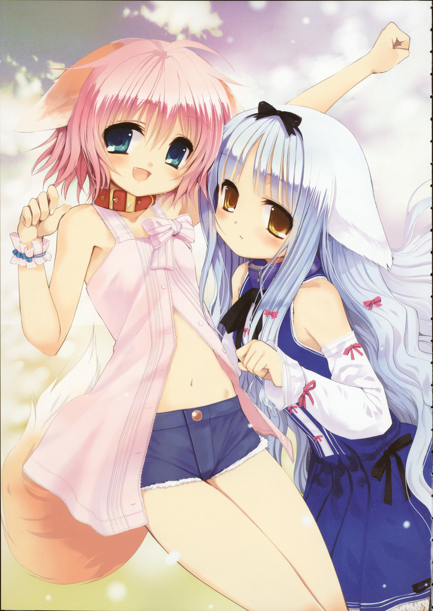 absurdres animal_ears aqua_eyes aqua_hair blush bow child clenched_hand cloud collar day denim denim_shorts detached_sleeves dog_ears dog_tail dress fang flat_chest hair_bow highres koin_(foxmark) lily_(wanko) long_hair midriff multiple_girls navel open_mouth pink_hair raised_fist scan short_hair shorts sky smile tail very_long_hair wanko wanko_to_lily white_hair wrist_cuffs yellow_eyes