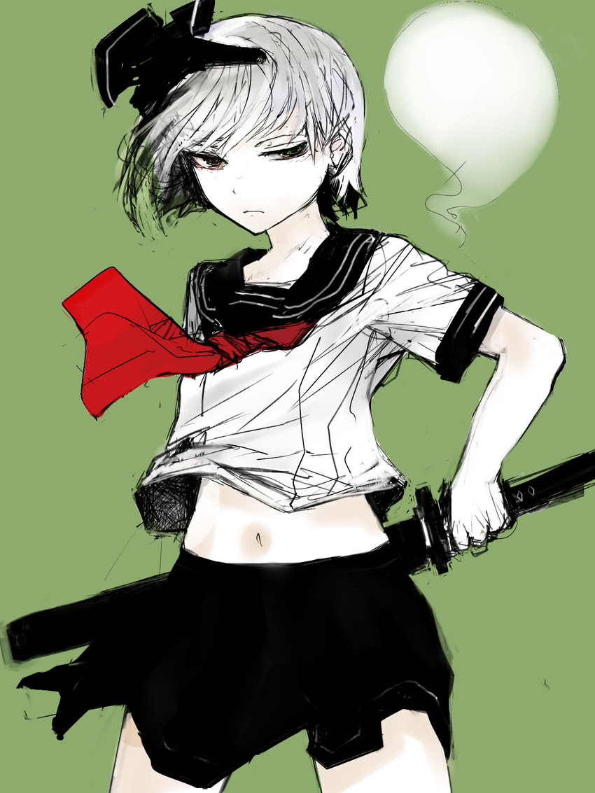 alternate_costume bad_id bad_pixiv_id contemporary highres hitodama konpaku_youmu konpaku_youmu_(ghost) midriff school_uniform serafuku short_hair silver_hair solo sword touhou un-known_(ninesix) weapon