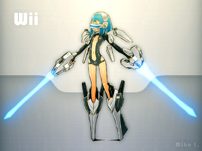 aqua_hair blue_hair detached_wings dual_wielding energy_sword flat_chest game_console gradient_hair head_mounted_display highres holding mecha_musume mechanization mike_inel multicolored_hair navel nintendo personification revealing_clothes solo sword weapon wii wii-tan wings