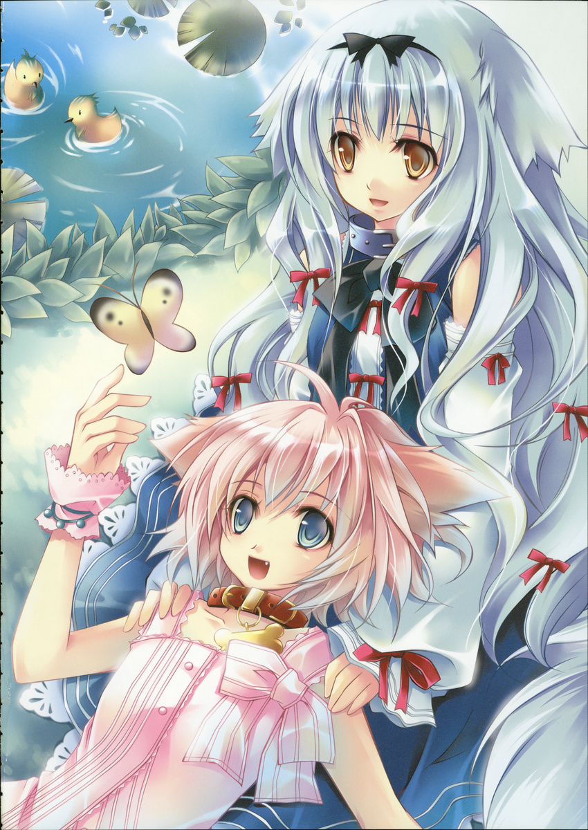 absurdres animal_ears bird blue_eyes bug butterfly child collar detached_sleeves dog_ears duck fang hair_ribbon hairband highres insect lap_pillow lily_(wanko) lily_pad long_hair lying multiple_girls on_back original outdoors pink_hair ribbon scan short_hair sitting smile ta_kaana very_long_hair wanko wanko_to_lily water white_hair wrist_cuffs yellow_eyes